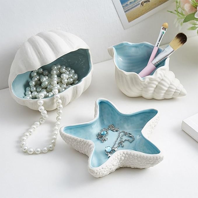 1 Pcs Conch Shape Ceramic Jewelry Tray, Multi-purpose Lovely and Luxurious Home Marine Decor, Ocean Style Earrings Necklace Storage for Rings, Watch, Key