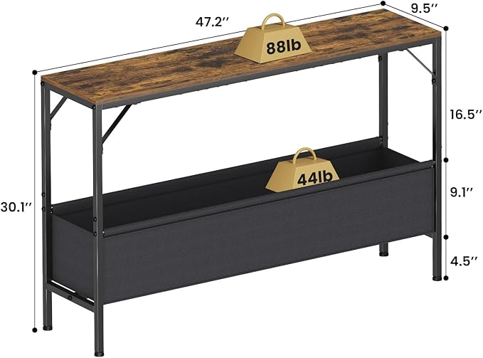 Asgolion Narrow Console Table, 47.2" Long Entryway Table with Storage Basket, Hallway Table, Mordern Industrial Sofa Tables for Living Room, Bedroom, Foyer, Office, Anti-tip Kit, Rustic Brown