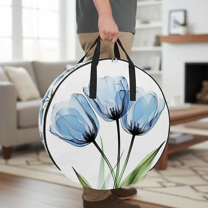 Blue Tulip Round Storage Bag 36 Inch, Country Flower Farmhouse Clothes Storage Container with Handles Heavy Duty Organizer for Comforter, Bedding & Holiday Wreaths