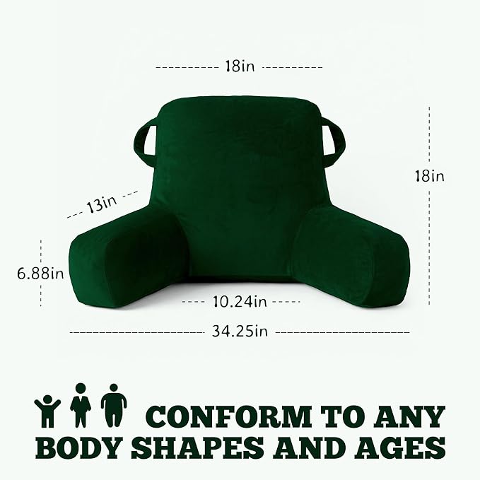 Unisakey Portable Comfy Reading Pillows for Bed Sitting Up(Dark Green Oeko-Tex), Velvet Back Pillow with Arms & Pockets for Adults, Support Memory Foam Bed Pillow for Dorm/Reading/Watching/Gaming