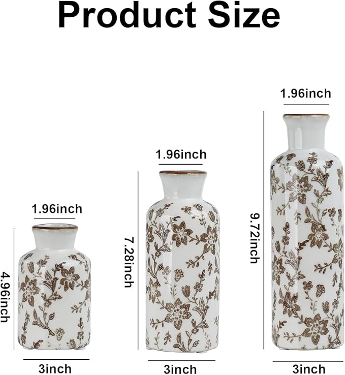 Ceramic Vase Set of 3, Vintage Ceramic Flower Vases, Crackle-Glaze & Distressed Rim, Brown Botanical Pattern, for Home Decor, Living Room Mantel & Dining Table Centerpiece