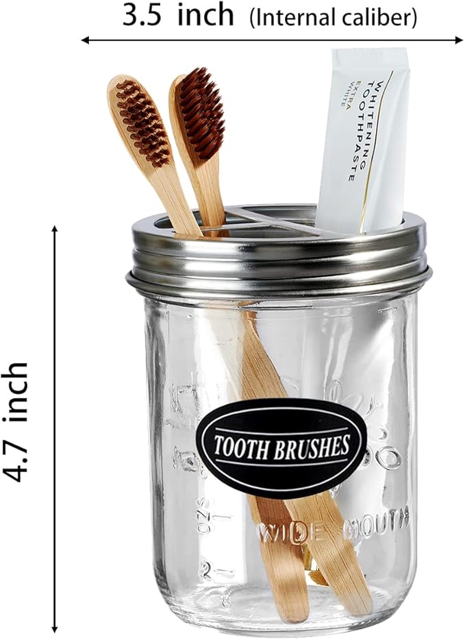 Mason Jar Toothbrush Holder - Brushed Nickel - with 16 Ounce Ball Mason Jar,Premium Rustproof 304 Stainless Steel Lid and Chalkboard Labels - Rustic Farmhouse Decor Black Bathroom Accessories