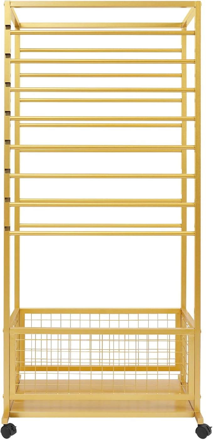 Mobile Ribbon Holder Double-Sided Ribbon Organizer Rack with 16 Hanging Rods Multifunctional Flower Wrapping Paper Storage Stand with Lockable Wheels Wrapping Paper Rack (26.38*12.99*59.06in, Gold)
