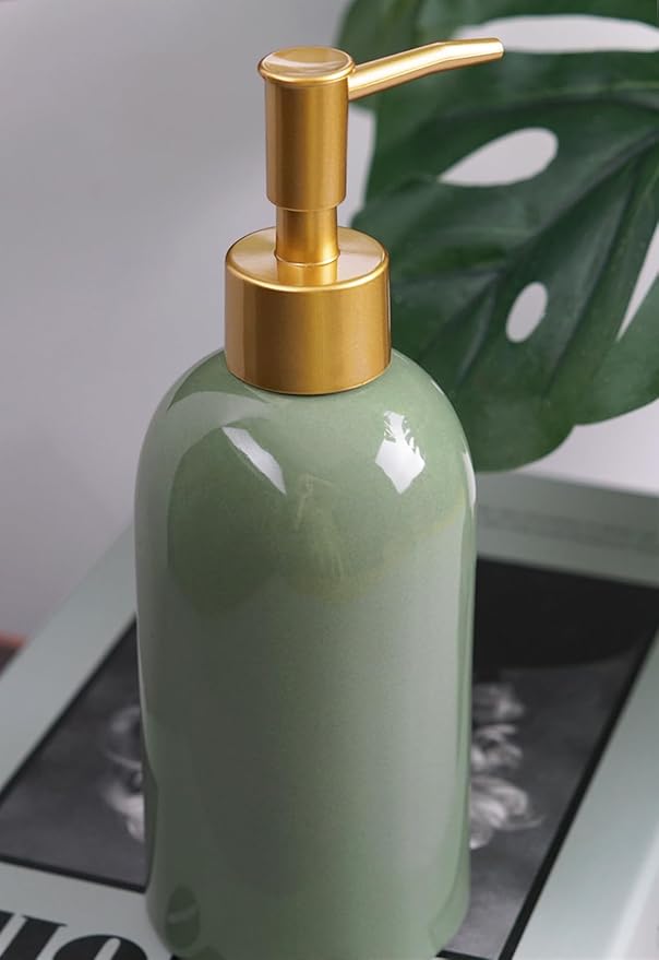 Ceramic Soap Dispenser Green with Gold Pump,Simple Design Cylindrical Lotion Dispenser Bottle,Refillable Liquid Hand Soap Dispenser for Kitchen,Bathroom,Washroom