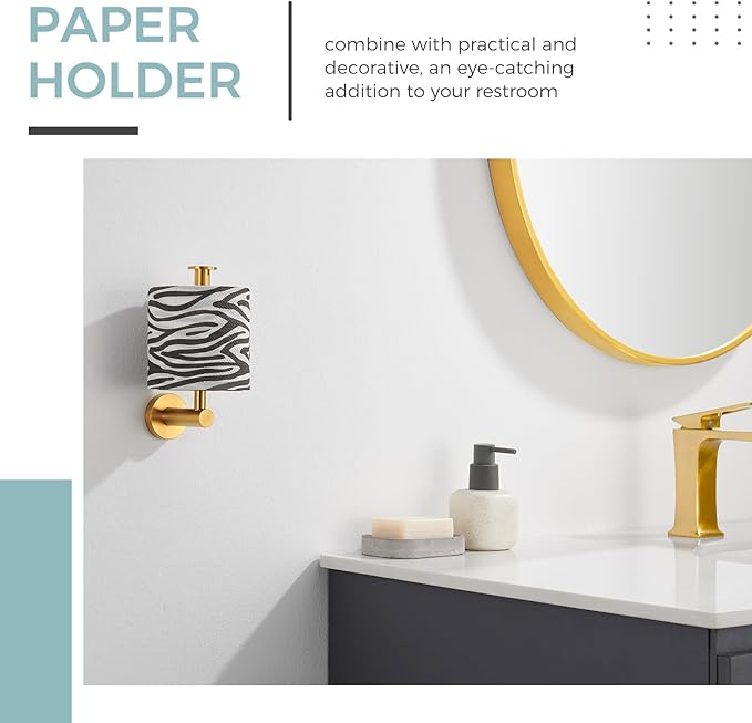 Vertical Tray Toilet Paper Holder, Aomasi 304 Stainless Steel Tissue Roll Hanger with Round Plate, Brushed Gold Bathroom Kitchen Paper Roll Dispenser Wall Mounted