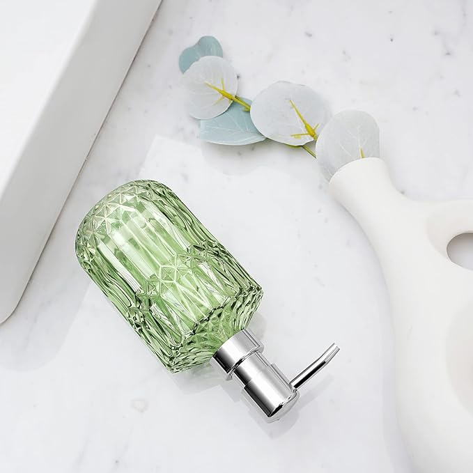 Diamond Design 12 Oz Green Glass Soap Dispenser,Refillable Lotion Soap Dispenser for Bathroom, Kitchen, Hand Soap, Dish Soap,Shampoo, Ideal for Bathroom Countertop. (Clear Green)