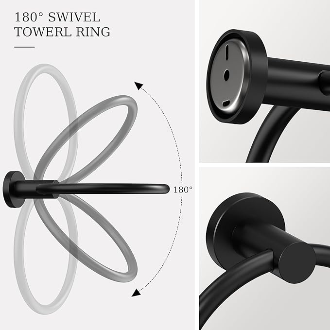 Matte Black Toilet Paper Holder Wall Mount & Towel Holder, Bathroom Hardware Set-SUS304 Stainless Steel Double Post Pivoting Tissue Roll Holder and Hand Towel Ring Set for Bathroom, RV