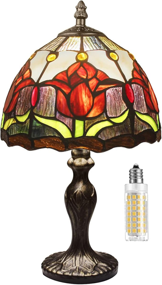 MIAOKE Stained Glass Table Lamp,Stained Glass Crystal Bead Style Table Light, Handmade Desk Bedside Night Light, Antique Art Craft Gifts Lover Living Room Bedroom Bookcase (Red Tulips)