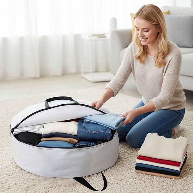 Storage Bag White Round Storage Totes Bins Closet Organizers with Zippers & Handle Pure Solid Color Clothes Storage Container for Bedroom Dorm Space Saving Packing Supplies Moving Bags