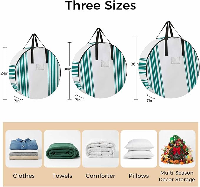 Storage Bag Teal Green Stripes Round Storage Totes Bins Closet Organizers with Zippers & Handle Simple Style Clothes Storage Container for Bedroom Dorm Space Saving Packing Supplies Moving Bags