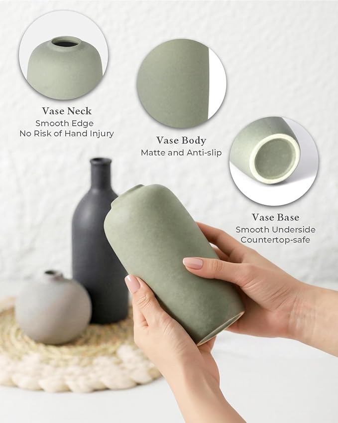 Ceramic Modern Vase Set of 3, Neutral Small Pottery Vases for Home Decor, Rustic Farmhouse Decor for Pampas Grass Dried Fresh Flowers, Decorative Vases for Living Room, Bathroom, Bookshelf, Entryway