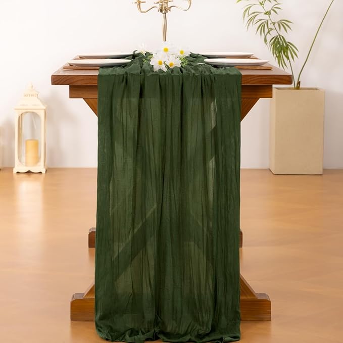 Socomi 2pcs Olive Green Spring Cheesecloth Table Runner Boho Rustic Gauze 120 inch 10FT Cheese Cloth Runner for Wedding Party Baby Shower Birthday Home Decor