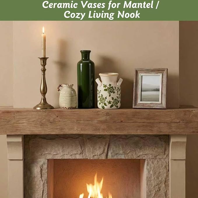 Ceramic Vases Set of 3,Farmhouse Vintage Rustic Boho Decorative Vases with Handles,Green & Beige Modern Neutral Pottery Vases for Table Centerpiece,Living Room,Mantel,Kitchen,Shelf,Entryway&Home Decor