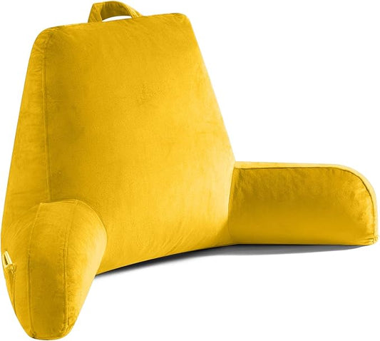 OAISZ Reading Pillow for Sitting in Bed Adult, X-Large Reading Pillow with Shredded Memory Foam, Back Pillow for Sitting Up with Extend Arms, Pockets, Bed Pillow with Washable Cover, Yellow