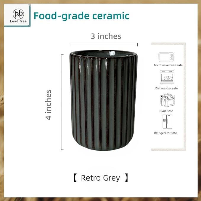 TOPYOKK Stoneware Coffee Bar Utensil Holder Tea & Coffee Spoon & Stirrer Holder for Stir Stick Straw Teaspoon Holder Spoon Cup Small Utensil Jar Fluted Vertical Stripe (Retro Grey)