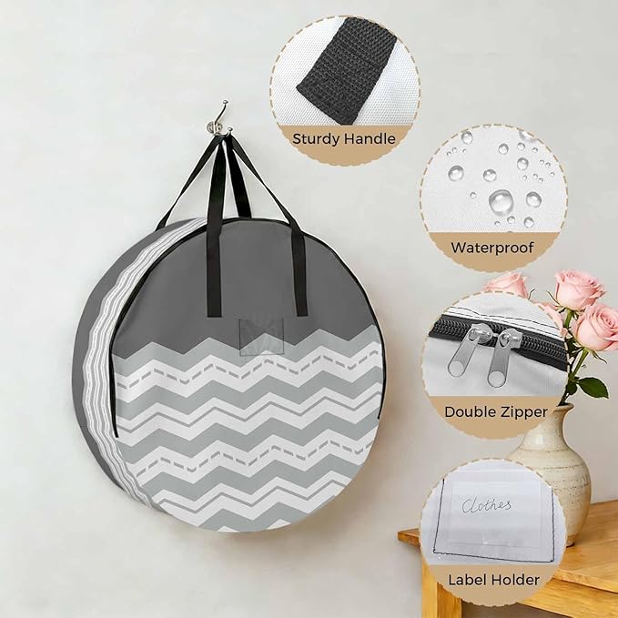 Storage Bag Grey Waves Round Storage Totes Bins Closet Organizers with Zippers & Handle Chevron Stripe Lines Clothes Storage Container for Bedroom Dorm Space Saving Packing Supplies Moving Bags