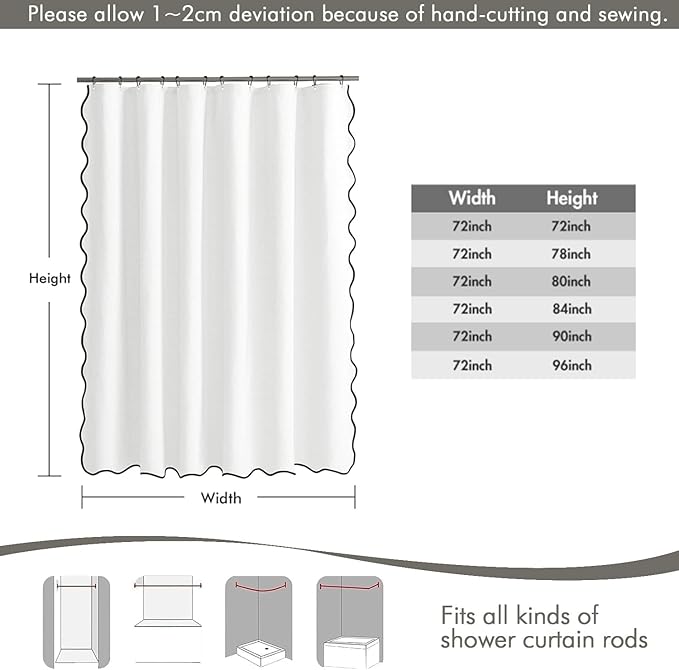 MIULEE White Scalloped Shower Curtain Linen Textured with 12 Metal Hooks Cute Heavy Duty Washable Waterproof Thick Cloth Shower Curtains with Black Border for Bathroom Hotel Bathtub,W72*L72