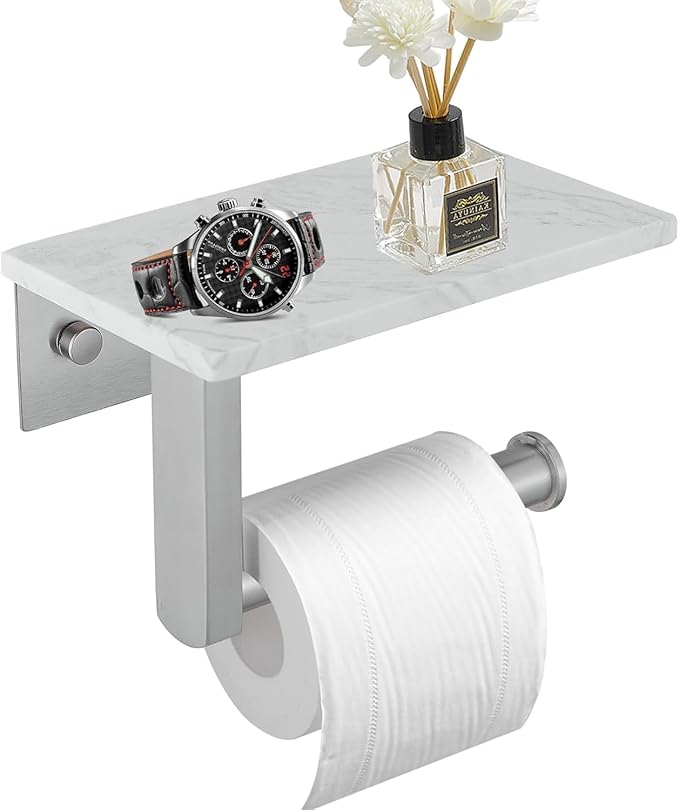 BWE Brushed Nickel Toilet Paper Holder with Marble Shelf, Toilet Paper Roll Holder Wall Mounted, Toilet Paper Roll Holder with Phone Shelf 304 Stainless Steel Tissue Holder for Bathroom Washroom
