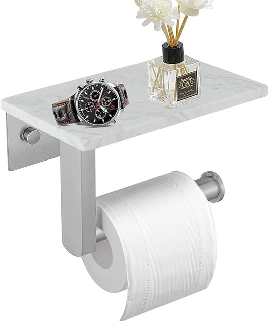 BWE Brushed Nickel Toilet Paper Holder with Marble Shelf, Toilet Paper Roll Holder Wall Mounted, Toilet Paper Roll Holder with Phone Shelf 304 Stainless Steel Tissue Holder for Bathroom Washroom