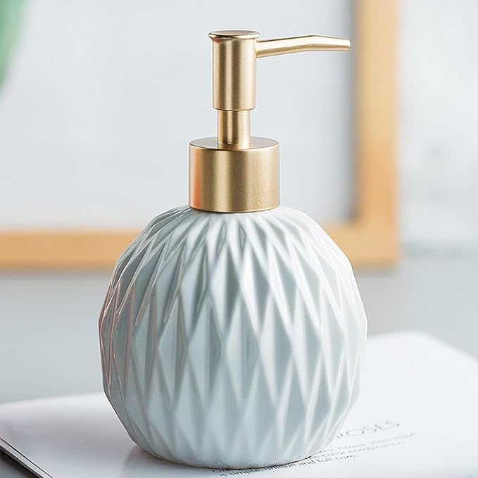 Ceramic Soap Dispenser White with Gold Pump,Modern Design Cylindrical Lotion Dispenser Bottle,Refillable Liquid Hand Soap Dispenser for Kitchen,Bathroom,Washroom