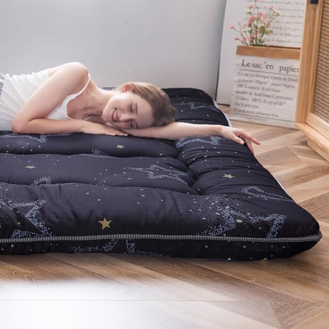 MAXYOYO Japanese Futon Mattress Floor Mattress Sleeping Pad Foldable Mat Roll Up Camping Cushion Floor Lounger Couches and Sofas Couch Topper, Moon and Star, King Size