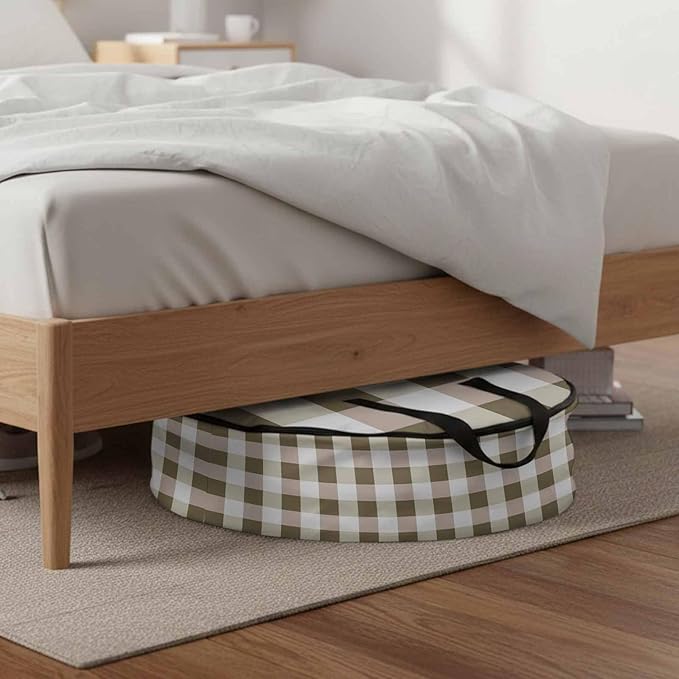 Brown Yellow Plaid Round Storage Bag 30 Inch, Simple Pattern Clothes Storage Container with Handles Heavy Duty Organizer for Comforter, Bedding & Holiday Wreaths