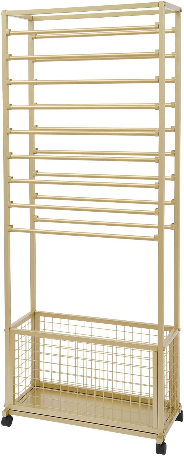 20 Tier Ribbon Holder Organizer Rack, Metal Double-Sided Ribbon Spool Storage Shelf with Wheels, Rolling Flower Wrapping Paper Storage Stand for Craft Room Flower Shop Gift Wrapping(Taller, Gold)
