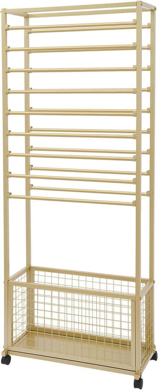 20 Tier Ribbon Holder Organizer Rack, Metal Double-Sided Ribbon Spool Storage Shelf with Wheels, Rolling Flower Wrapping Paper Storage Stand for Craft Room Flower Shop Gift Wrapping(Taller, Gold)
