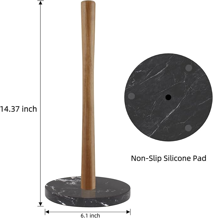 Buruis Wood Paper Towel Holder, Marble Base Modern Decorative Countertop Standing Rolls Holder for Kitchen, Toilet, Pantry and Bathroom (Marble Base Black)