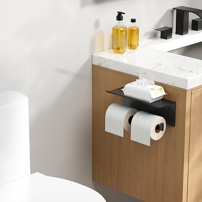 FORIOUS Black Toilet Paper Holder with Shelf, 304 Stainless Steel Wall Mount Commercial Toilet Paper Dispenser, Double Tissue Roll Holder for Bathroom, Matte Black