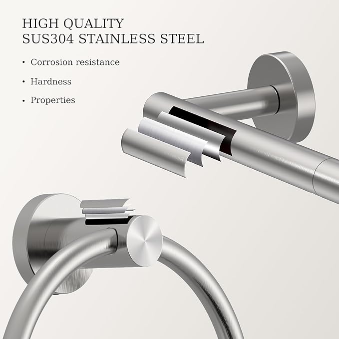Toilet Paper Holder & Towel Holder, Bathroom Hardware Set-SUS304 Stainless Steel Double Post Pivoting Tissue Roll Holder and Hand Towel Ring Set for Bathroom, RV, Brushed Nickel