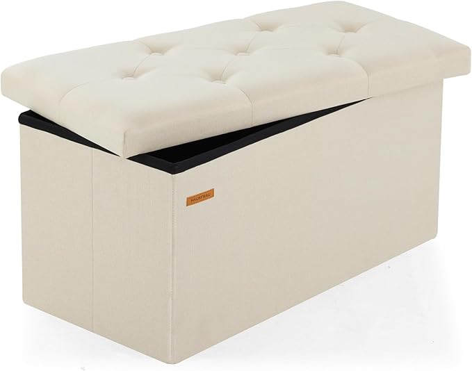 HAUSFRAU - Storage Ottoman Bench, 30 Inches Button Tufted Upholstered Ottoman Footstool with Storage for Living Room Bedroom Entryway, Load 660 lb, Linen Beige