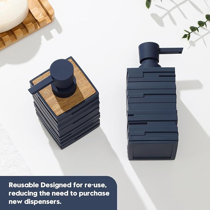 YAUKPH Matte Blue Teak Wood Hand Soap Dispenser 10 oz Square for Bathroom and Kitchen Countertops