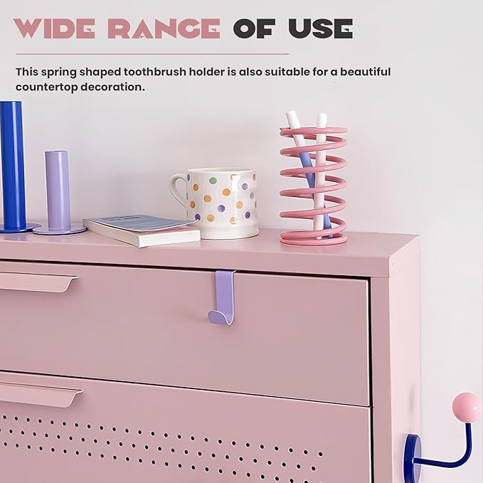 Spring Toothbrush Holder, Stainless Steel Spring Shaped Desktop Toothbrush Holder, Multifunctional Pen Holder Makeup Brush Toothbrush Storage for Bathroom Tabletop Dressing Table and Sink (Pink)