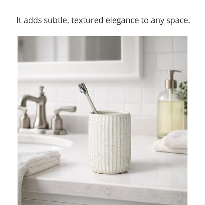 Speckled Matte White Ceramic Toothbrush Holder, Elegant Rippled Tumbler, Large Bathroom Organizer for Toothbrushes and Toothpaste, Pen Holder, Matte Speckled White