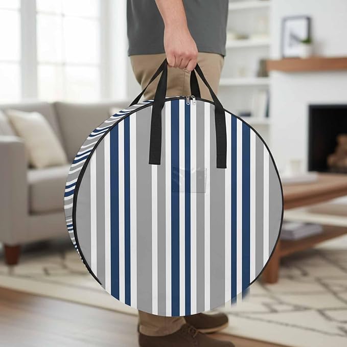Storage Bag Navy Blue Stripes Round Storage Totes Bins Closet Organizers with Zippers & Handle Grey Striped Lines Clothes Storage Container for Bedroom Dorm Space Saving Packing Supplies Moving Bags
