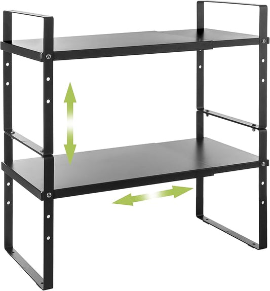 Across-Star Expandable Cabinet Shelf Organizer Rack, Stackable Kitchen Counter Storage Shelves Stand, Adjustable Height Pantry Shelf Spice Rack (Black, 2 Pack)