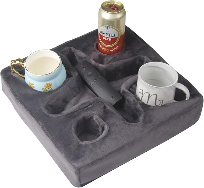 Couch and Bed Cup Holder Pillow, Sofa Refreshment Tray for Drinks/Remote Control/Snacks Holder (Gray)