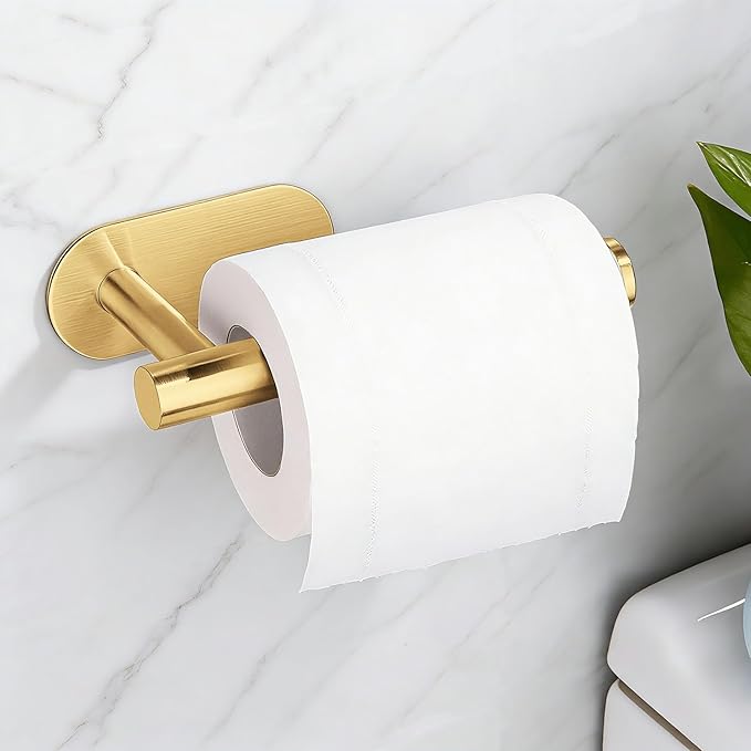 Toilet Paper Holder, Self Adhesive Toilet Paper Roll Holder No Drilling Wall Mount for Kitchen, Bathroom, Toilet, Brushed Gold Stainless Steel