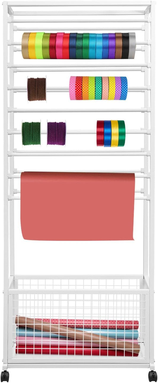 Mobile Ribbon Holder Double-Sided Ribbon Organizer Rack with 20 Hanging Rods Multifunctional Flower Wrapping Paper Storage Stand with Lockable Wheels Wrapping Paper Rack (26.38*12.6*66.93in, White)
