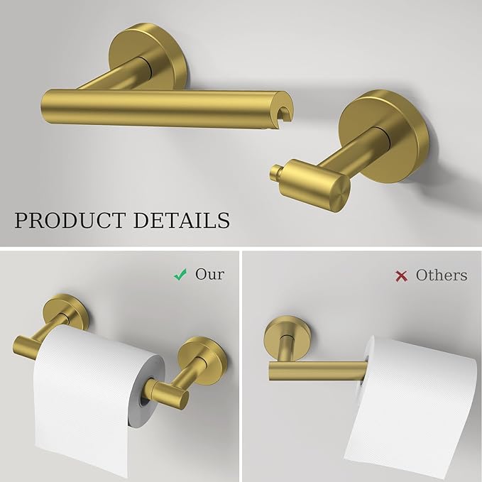 Brushed Gold Toilet Paper Holder & Towel Holder, Bathroom Hardware Set-SUS304 Stainless Steel Double Post Pivoting Tissue Roll Holder and Hand Towel Ring Set for Bathroom, RV