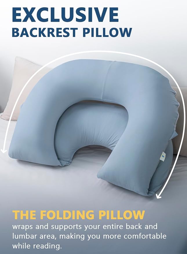 INSEN Reading Pillow, Back Pillow for Sitting in Bed for Reading, Nurse & Relax, Reading Pillow for Adults, Moms & Kids, Sit Up Pillow for Bed, Natural Blue