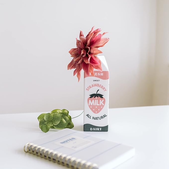 Retro Strawberry Milk Carton vase –Vintage Inspired Kawaii Ceramic -Pink Strawberry Flower vase -Cute Accent Decor for Your Home Kitchen Office