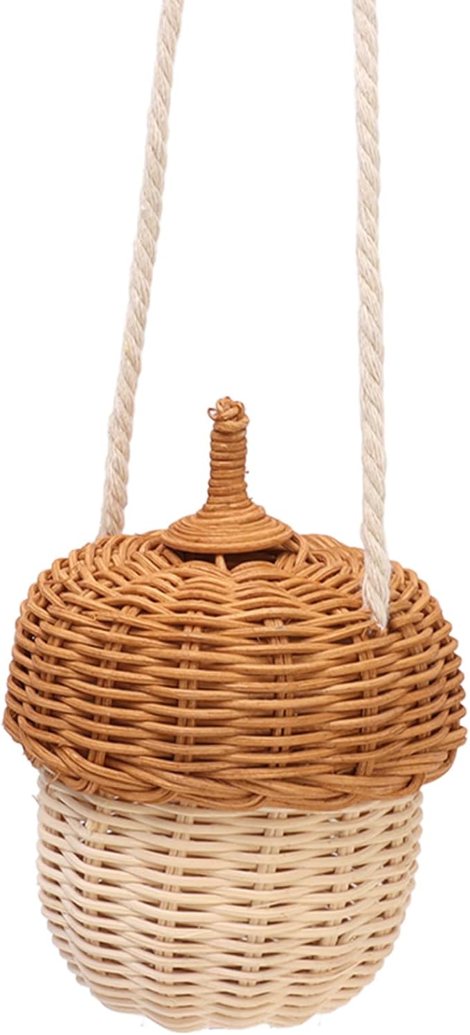 Hanging Baskets Rattan Storage Basket Handmade Photography Props Acorn Shaped Home Decorative for Girls Rattan Basket Bag Kids (Small Shoulder Bag)