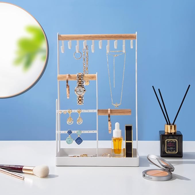 ProCase Jewelry Stand Holder Organizer, 4-Tier Necklace Holder with Ring Tray, 10 Hooks Necklaces Hanging Small Jewelry Display Storage Tower Tree for Bracelets Earrings Watches -Medium, White