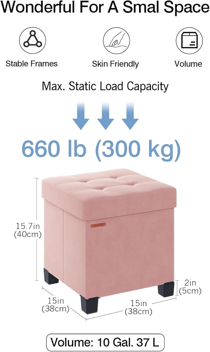 ABHENG Cube Storage Ottoman, Velvet Foot Stool with Feet, Folding Storage Bench, End of Bed Bench, Chest, for Living Room, Bedroom and Office, 15 x 15 x 15.7 Inches, Jelly Pink, ASND22P