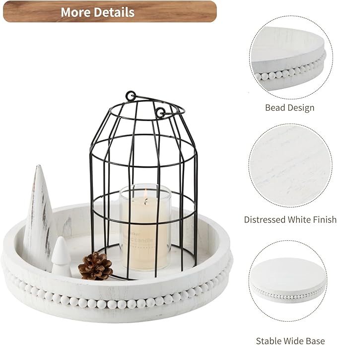 Decorative Wooden Tray: Beaded Round Coffee Table Tray for Centerpiece, Rustic Farmhouse Wood Serving Tray for Entry, Living Room and Kitchen Counter Decor, 11.8 inch - Distressed White