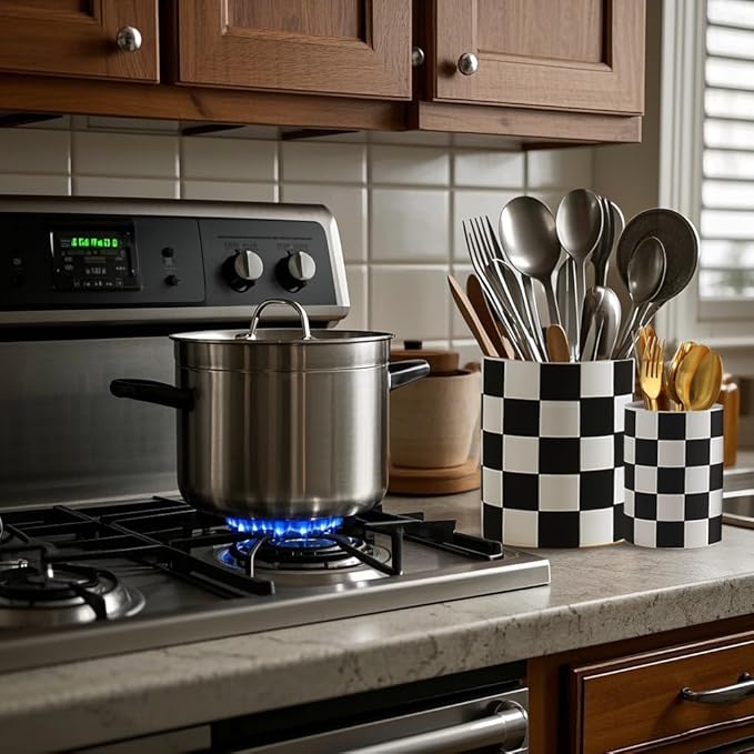 Checkered Kitchen Utensil Holder - 7.1"+5.8" Ceramic Utensil Crock for Countertop, Kitchen Decor and Accessories for counte (Black)