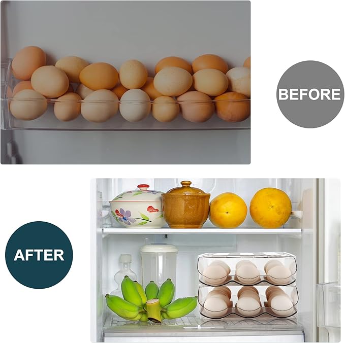 MesRosa Egg Holder for Fridge, Automatically Rolling Egg Storage Container for Refrigerator,Large Capacity Egg Organizer for Fridge with Lid,Clear Plastic Dispenser, Tray & Bin -2 Layer