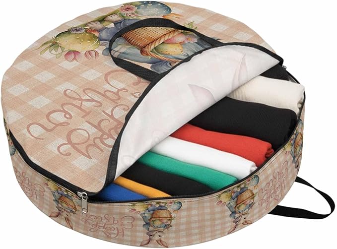 30 Inch Round Storage Bag 1 Pack,Easter Cartoon Rabbit Eggs Basket Waterproof Wreath Storage Container with Handles&Zipper Flower Orange Grid on Linen Closet Organizer Bags Garland Box
